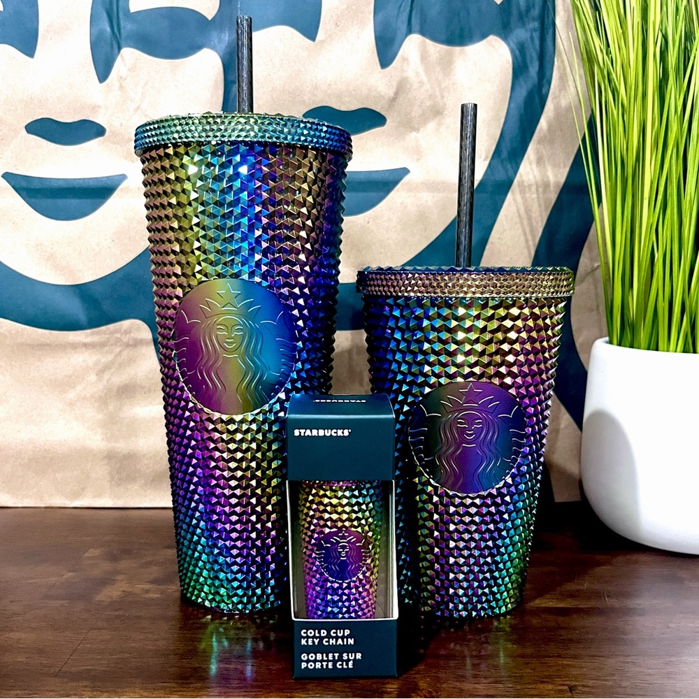💜🖤Starbucks {SET} OIL SLICK Rainbow Fall 2023 Studded Tumblers & Keychain